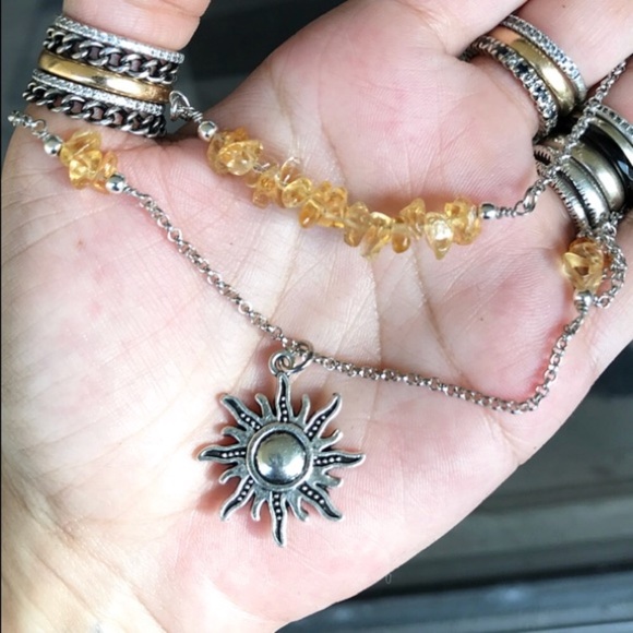 Citrine sun necklace . citrine gems chips double layer necklace silver sun charm - Picture 2 of 9